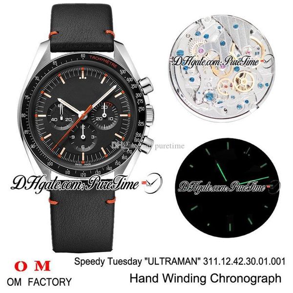 

omf moonwatch speedy tuesday 2 ultraman manual winding chronograph mens watch black dial black leather strap edition new pure2827, Slivery;brown