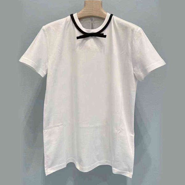 

printed white t-shirt bow tie stitching loose cotton versatile summer new