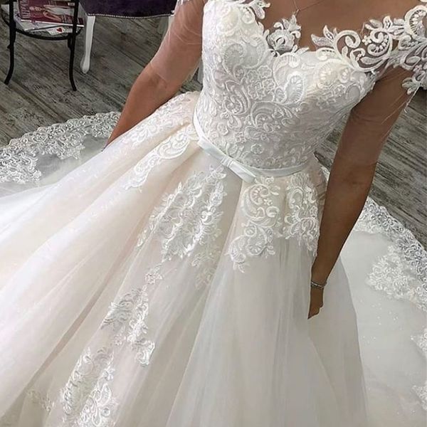 

simple wedding dresses bridal gowns lace appliques a-line jewel 1/2 sleeves sweep train plus size customized vestido de noiva, White