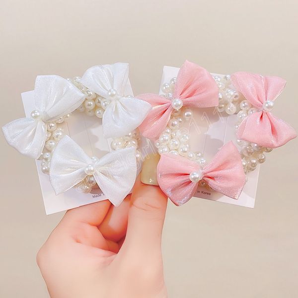 

women elegant pearl bow shape elastic hair bands ponytail hold rubber band hair decoration fashion hair accessories, Slivery;white