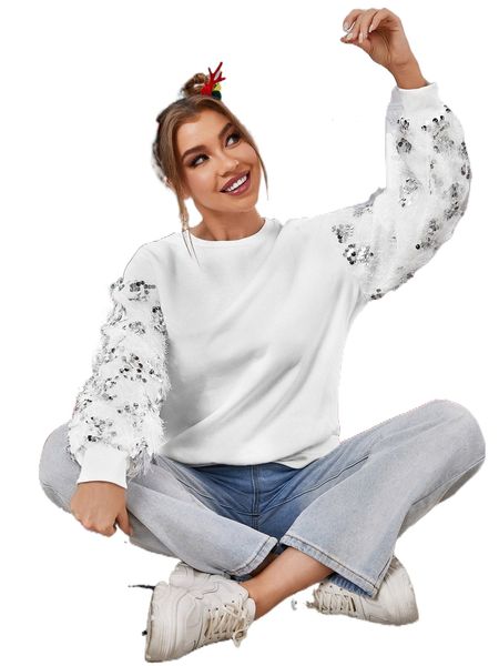 

contrast sequin drop shoulder sweatshirt f6tr#, Black