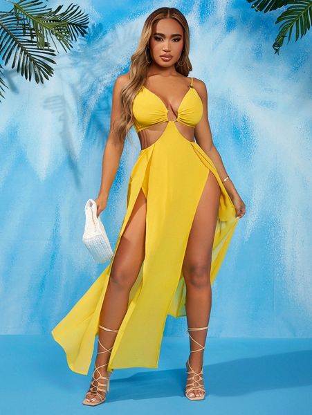 

sxy ruched bust ring cut out split thigh cami dress j5sc#, Black;gray