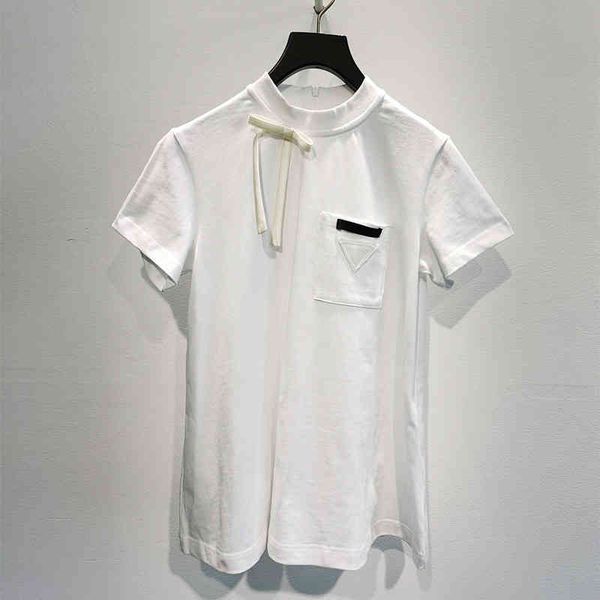 

pra spring and summer pure cotton t-shirt 22 new bow pocket design thickened loose round neck short-sleeved t-shirt women's top, White;black