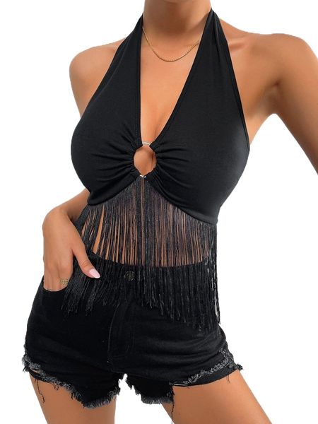 

ring linked backless fringe hem halter 04sk#, White