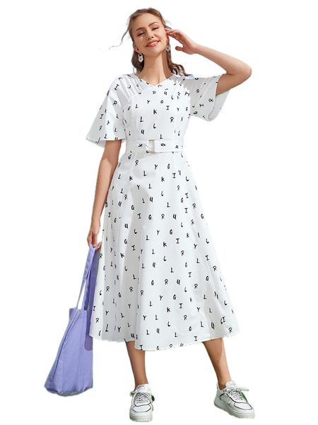 

allover letter graphic raglan sleeve belted dress f8jc#, Black;gray