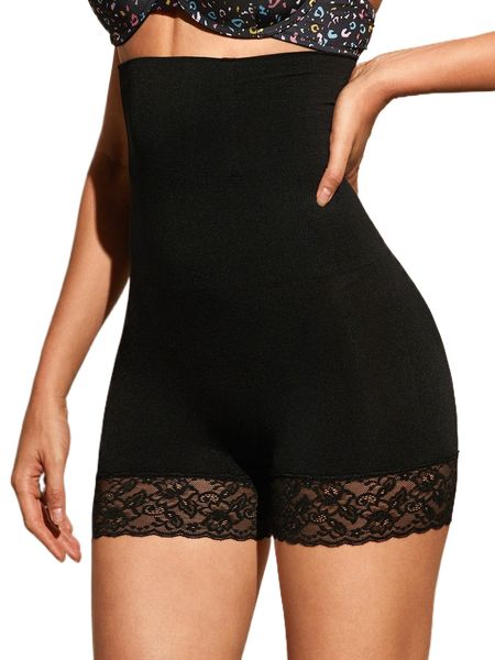 

lace trim high waisted shapewear panty x44k#, Black;red
