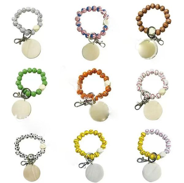 9 Stili Bracciale con perline Portachiavi Ciondolo Favore di partito Palla sportiva Calcio Baseball Pallacanestro Braccialetto di perline di legno C0320