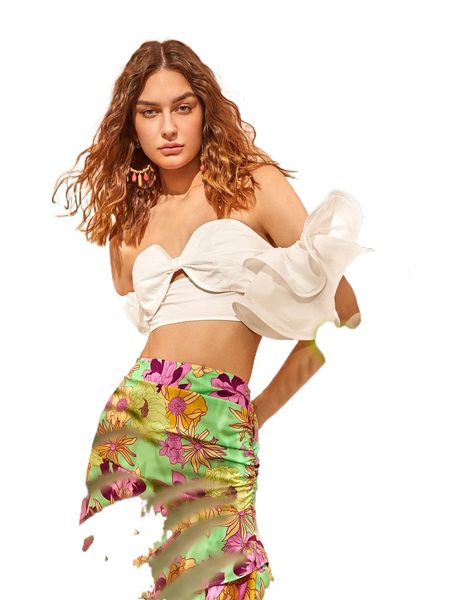 

off shoulder cut-out exaggerated ruffle crop z74s#, White