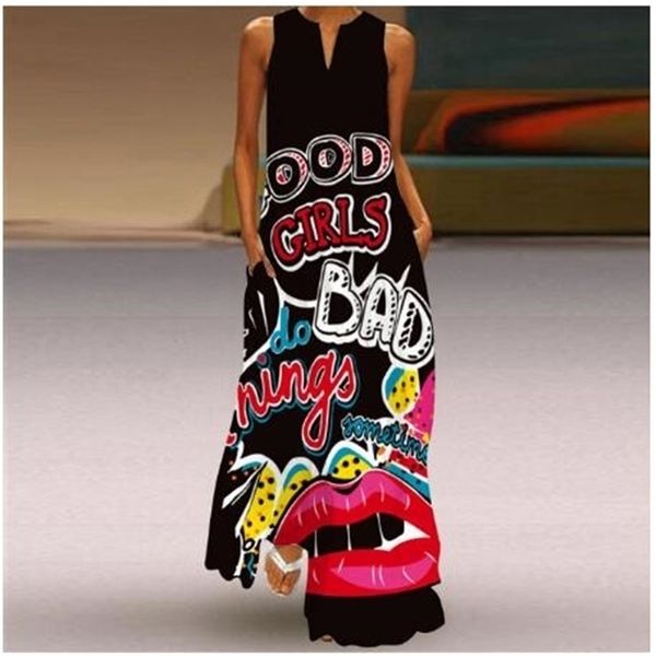 

fashion style vintage printing women sundress summer v-neck sleeveless long dress elegant ladies maxi dresses plus size 5xl 220321, Black;gray