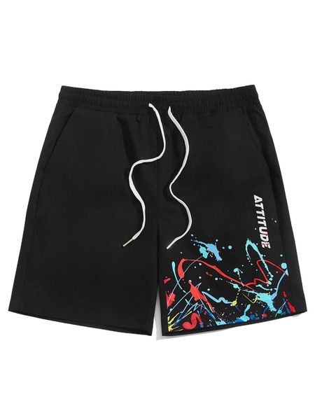 

men splatter & letter graphic drawstring waist shorts o2li#, White;black