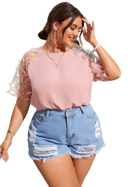 

plus appliques contrast mesh blouse s2h9#, Black