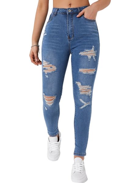 

bleach wash ripped frayed skinny jeans w3w7#, Blue