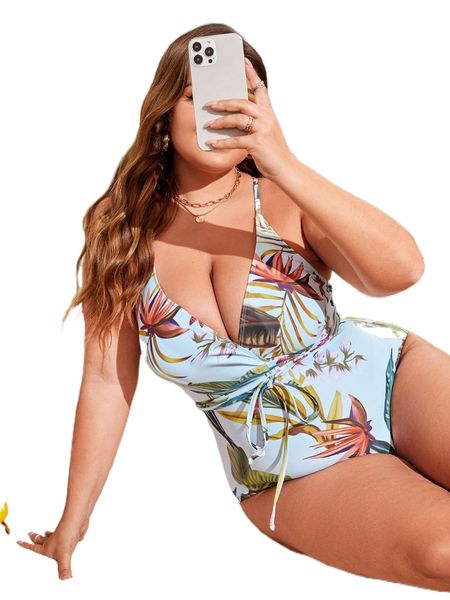 

plus plant print criss cross tie front one piece swimsuit z9tu#, White;black