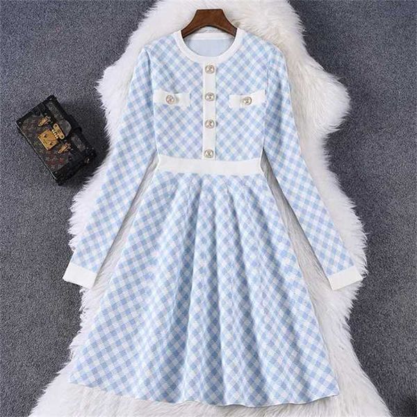 

spring knitted sweater dres button up korean fashion vintage plaid blue black mini robe femme vestidos 211109, Black;gray