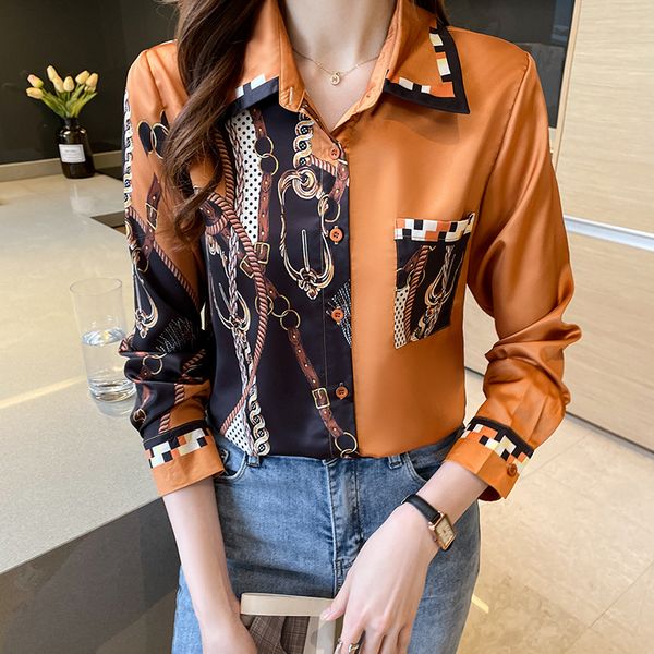 

2022 classic lapel vintage button shirt women print silk designer blouses long sleeve office ladies urban elegant shirts runway spring autum, White