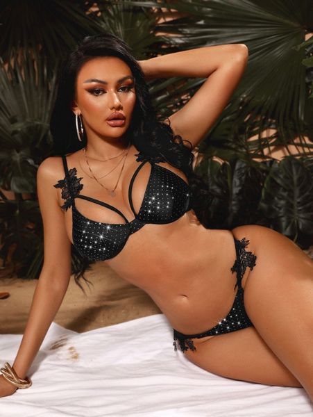 

sxy appliques detail harness bikini swimsuit m1uq#, White;black