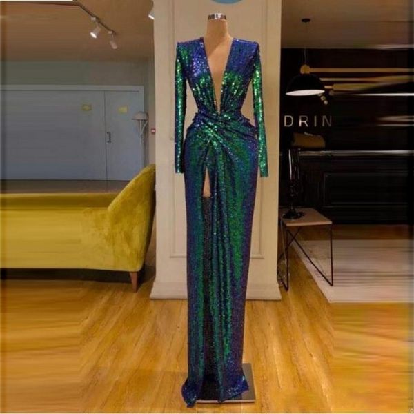 Novo 2022 Sexy Verde Lantejoulas Vestidos de Prom Caminhos Mangas Profundas VESCOLTAMENTE VESTIDO DIVERSÃO DIVERSÃO DOS VESTIDOS DE NOITE Cocktail Denues Único Cor Não Discolo