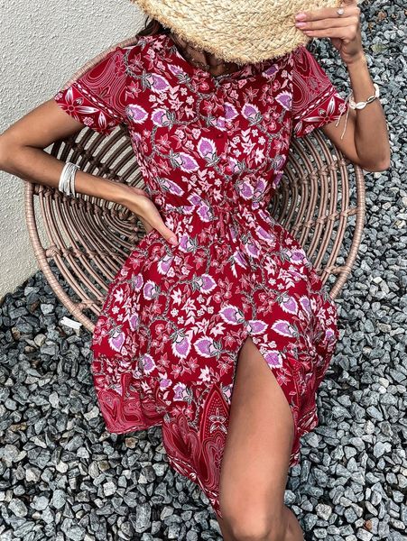 

floral print knot front split thigh dress q4it#, Black;gray