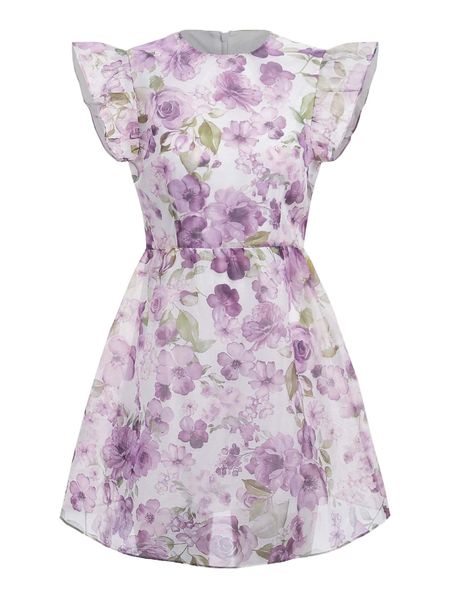 

butterfly sleeve floral organza dress b5d6#, Black;gray