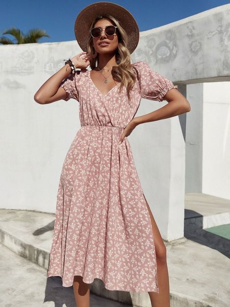 

ditsy floral surplice neck puff sleeve split thigh dress v7ty#, Black;gray