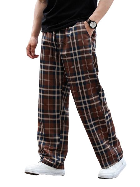 

men plaid print drawstring waist pants h8ym#, Black