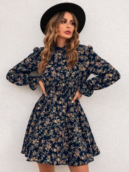 

allover floral print shirred waist a-line dress p3rf#, Black;gray