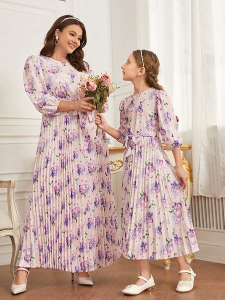 

plus allover floral print pleated belted dress k2go#, Black