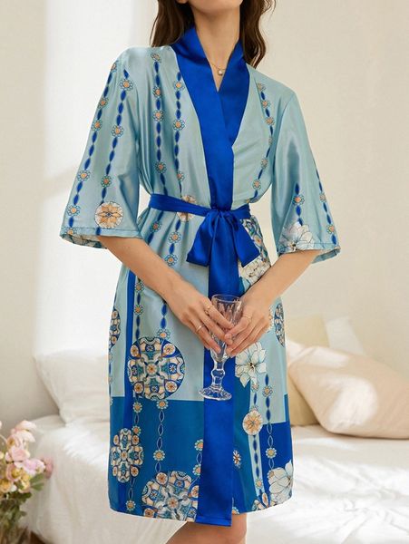 

floral print contrast trim belted satin robe 82pw#, Black;red