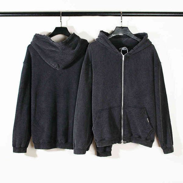 

high street retro washed dirty cut zip hooded sweatshirtsr jacket men and women blank harajuku oversized loose casual hoodies t220726, Black