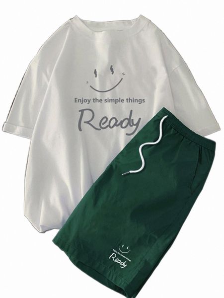 

men cartoon & slogan graphic tee & shorts d0dy#, Gray