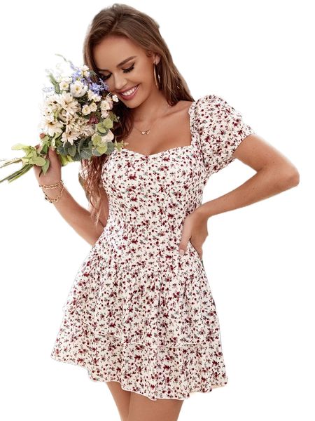 

ditsy floral puff sleeve sweetheart neck layered hem dress o9v7#, Black;gray