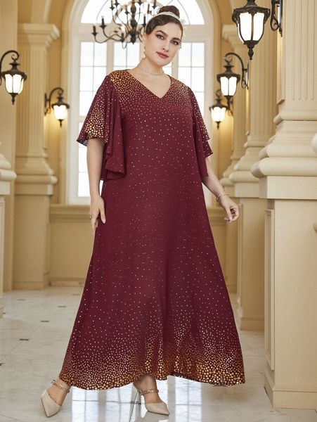 

plus random gold geo print butterfly sleeve maxi dress o9i1#, Black