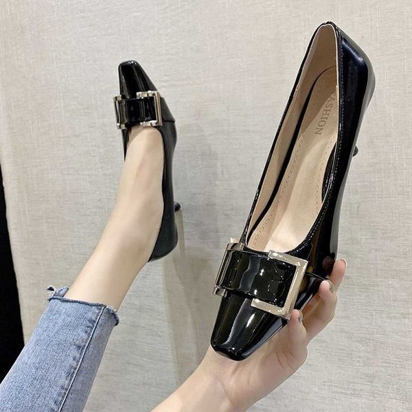 

classic luxury paris autumn/spring women pumps metal desig high heels shallow slip on square toe patent leather office singleshoes designer, Black