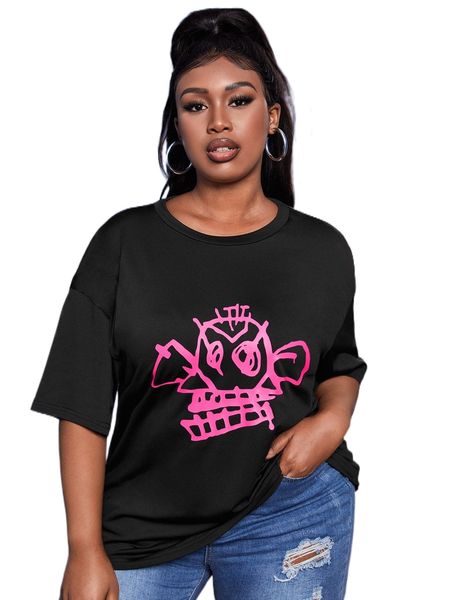 

sxy plus cartoon graphic drop shoulder tee p9gf#, Black