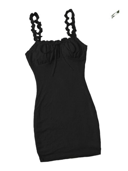 

frill trim strap knot front ruched bust eyelet dress z6it#, Black;gray