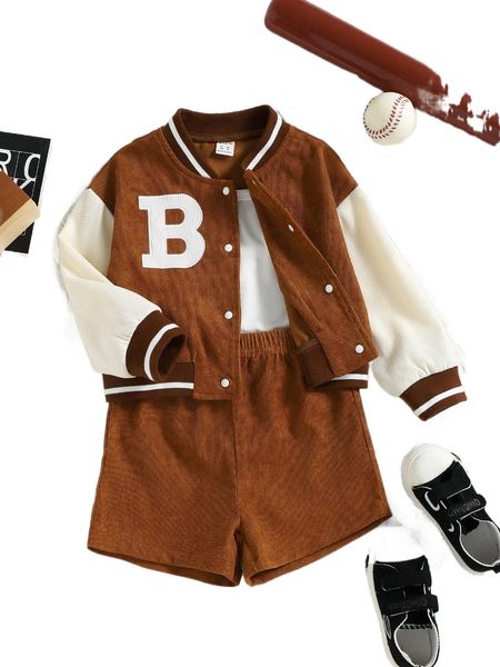 

toddler girls letter graphic striped trim jacket & shorts n3gl#, Black;white
