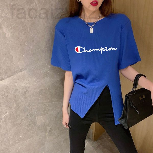 

women's t-shirt designer [polyester fiber 1]design sense niche summer loose and chic split bottomed shirt blue short sleeved t-shirt f2, White