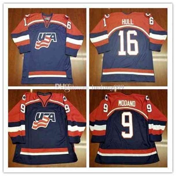 MThr Team USA#16 Brett Hull 9 Mike Modano Eishockey-Trikot, Stickerei, genähte Trikots mit beliebiger Nummer und Namen