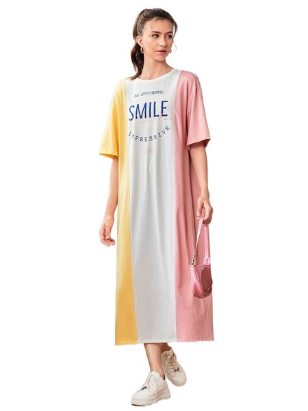 

letter graphic colorblock drop shoulder tee dress l3jx#, Black;gray