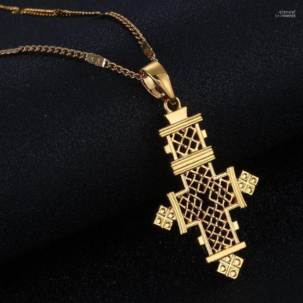 Anhänger Halsketten 24 Karat Gold Farbe Afrikanische Kreuz Halskette Äthiopische Frauen Trendy Kette Schmuck Elle22