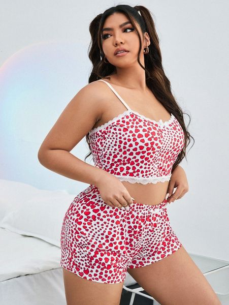 

plus allover heart print lace trim bow detail pj set o8z5#, Black;white