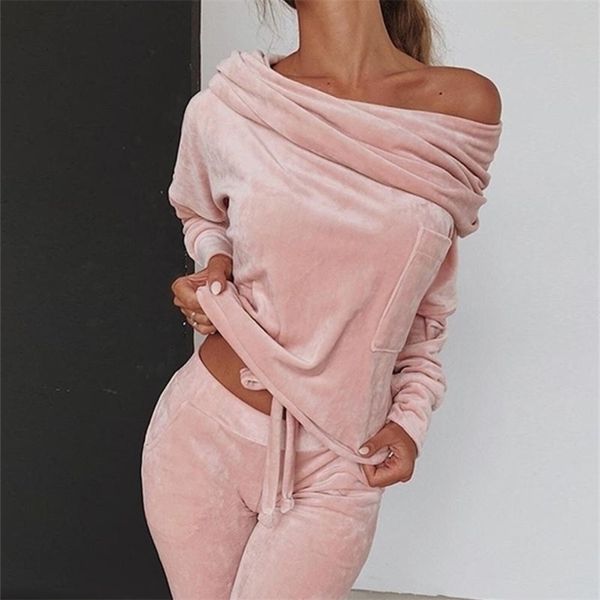 

women 2 pieces set autumn one shoulder sweatshirt pants sets sport wear tracksuit velvet lounge suit y200915, Black