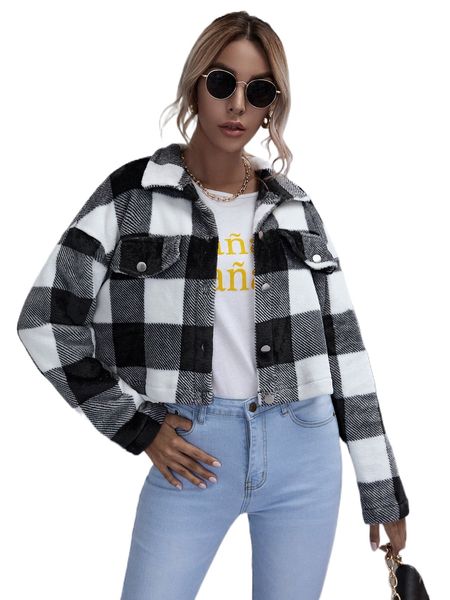 

flap detail drop shoulder buffalo plaid jacket e66u#, Black;brown