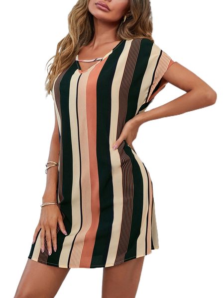 

striped v-neck batwing sleeve tunic dress c4fh#, Black;gray