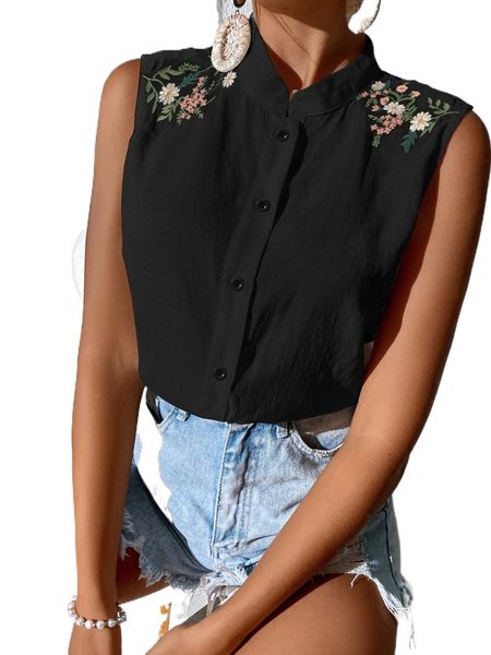 

floral embroidery sleeveless blouse l3nl#, White