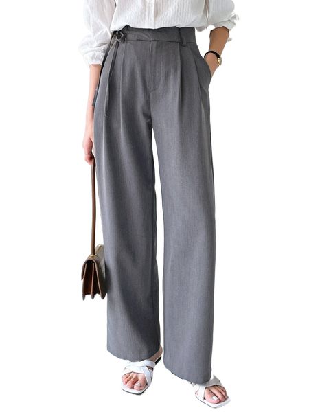 

dazy-less tie side fold pleated slant pockets pants z485#, Black;white
