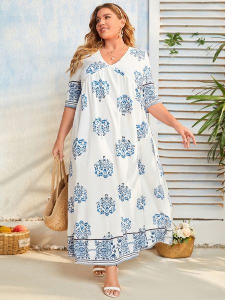 

plus v neck floral print dress y5ss#, Black