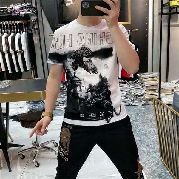 

t-shirts men's summer casual short sleeved luxurious black eagle diamond youth fashion streetwear male fashionpure cotton t-shirt top, White;black