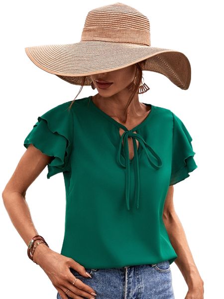 

flutter sleeve tie neck blouse m92x#, White