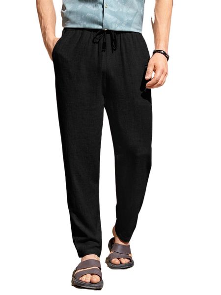 

men solid drawstring waist pants q1a4#, Black